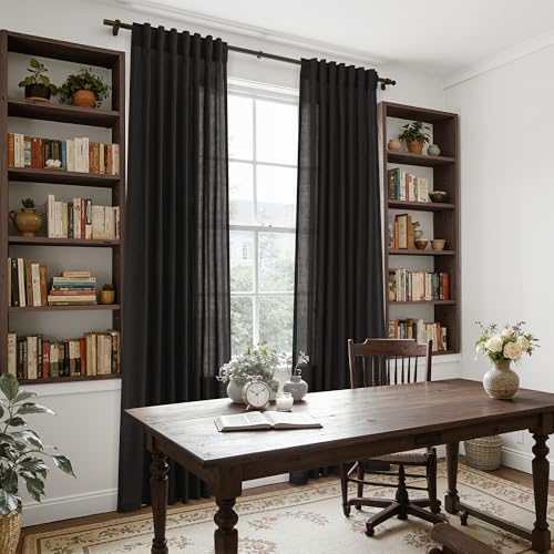 Vintage Black Linen Curtains 63 Inch Length for Living Room Light Filtering Semi Sheer Curtain Back Tab and Rod Pocket Privacy Luxury Gothic Vintage Decor Drapes for Bedroom Office 52x63 (52"W x 63"L (Pack of 2) / Vintage Black)