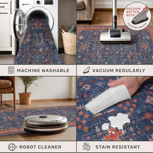 Washable Navy Blue Living Room Rug (8' x 10' (Rectangular) / Blue / Terracotta)