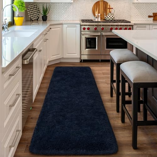 Shag Fluffy Runner Rug for Bedroom Girls Living Room (2' x 6' (Runner) / Navy Blue)