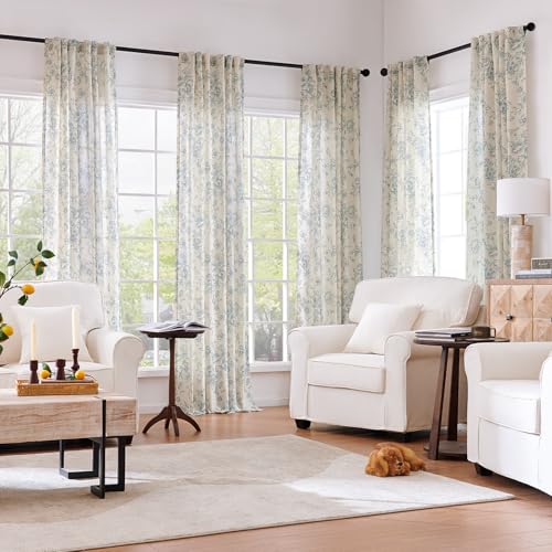 Blue Floral Linen Curtains 84 Long for Living Room 2 Panels (Blue / 50"W x 84"L (Pack of 2))