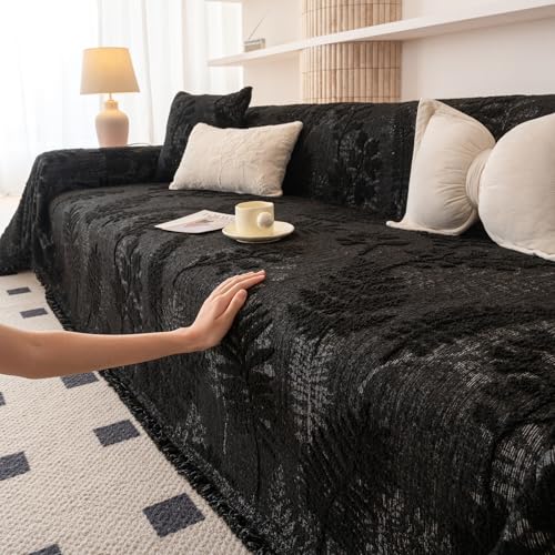 Washable Couch Covers for Sofa Boho Couch Covers for 3 Cushion Sofa Pet Friendly Black Chenille Jacquard Couch Protector for Dogs Plant Branch Sectional Cover Sofa Slipcovers (71" x 150" / U: Black)