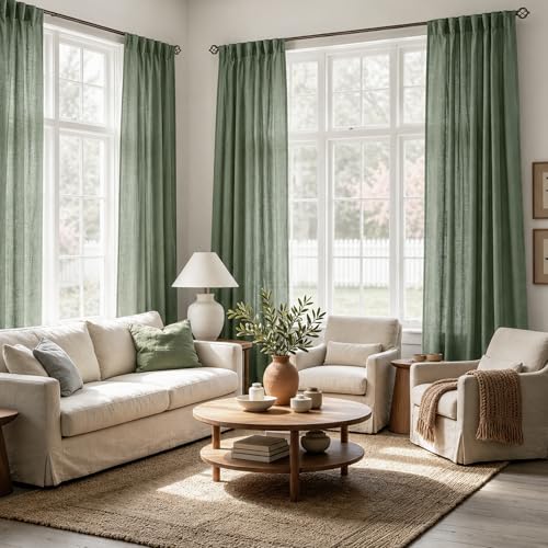 Olive Green Curtains 120 inch Length 2 Panels for Bedroom Back Tab Light Filtering Semi Sheer Drapes Linen Cotton Textured Airy Modern Farmhouse Living Room Sage Aesthetic Decor 52x120 (Olive Green / 52"W x 120"L (Pack of 2))