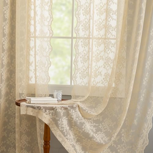 Vintage Lace Curtains 84 Inches Long (Beige / 52"W x 84"L (Pack of 2))