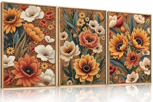 Large Boho Flower Botanical Framed Canvas Wall Art (Boho Embroidery Flower Wall Art / 16"L x 24"W)