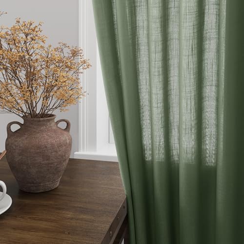 Olive Green Linen Curtains for Living Room 2 Panels Set 92 Inch Length Back Tab Light Filtering Semi Sheer Curtain Drapes for Bedroom 52x92 (52"W x 92"L (Pack of 2) / Loden)