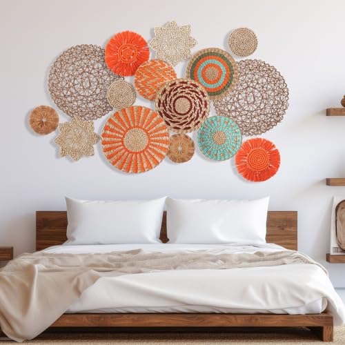 15 Pcs Boho Rattan Wall Baskets Hanging Decor (Orange Style)