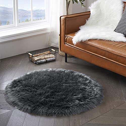 Dark Grey Round Rug 3ft Faux Fur Circle Rug Fluffy Furry Fuzzy Rug Sheepskin Rugs for Living Room Bedroom Shag Rug Cute Room Décor (3' (Round) / Dark Grey)