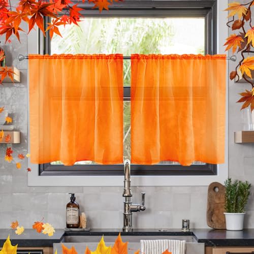 Solid Sheer Rod Pocket Curtain Voile Draperies 2 Panels White Beige Black Ivory Grey 26 Inch Width 40 Inch Long 1 Pair for Kitchen Bedroom Children Living Room Yard (Orange / 26"W x 40"L (Pack of 2))