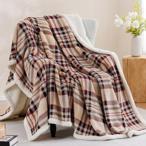 Sherpa Fleece Throw Blanket 80" x 90" Reversible Plush Fluffy Large Big Blanket Lattice Flannel Blankets for All Season Use (Beige Stripe / 80"*90")