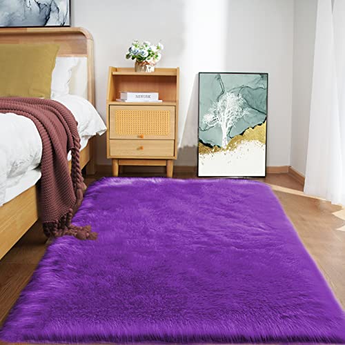 Purple Sheepskin Rug 4x6 Fluffy Fuzzy Furry Carpet for Bedroom Bedside Faux Fur Soft Shaggy Plush Rectangle (5'6" x 6'4" (Rectangular) / Purple)