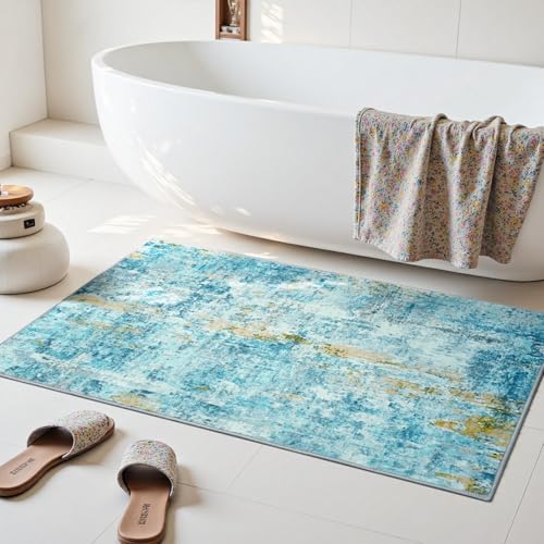 Entrance Rugs Indoor 2x3 Teal Blue Entry Rug Washable Abstract Small Area Rug Non (Teal Blue / 2' x 3' (Rectangular))