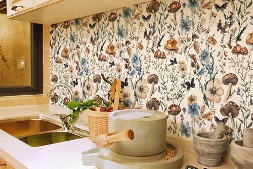Mushroom Wallpaper Peel and Stick Vintage Floral 16.9" x 590.5" (Beige / 16.9" x 590.5")