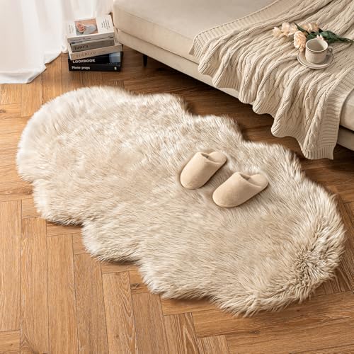 Fluffy Area Rug 3x5 ft Faux Fur Sheepskin Rug for Bedroom Beige (3' x 5' (Sheepskin) / Beige)
