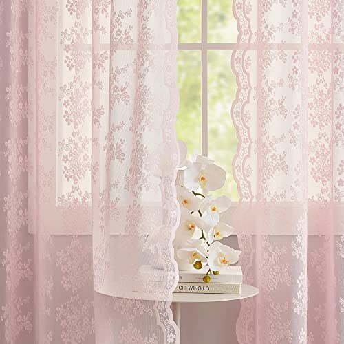 Vintage Lace Curtains Short Pink Floral Curtains 54 inch Length 2 Panels for Kitchen Living Room Bedroom Bathroom Window Voile Sheer Panels Baby Girl Nursery Decor 52" W x 54" L (Light Pink / 52"W x 54"L (Pack of 2))