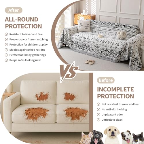 Boho Chenille Couch Cover for Dogs (Geometric Black / 71*118 inch)