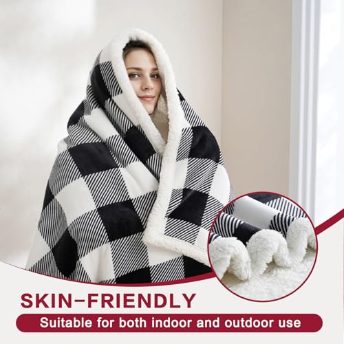 Sherpa Fleece Throw Blanket 60" x 80" Reversible Plush Fluffy Large Big Blanket Lattice Flannel Blankets for All Season Use (Black and White / 60"*80")