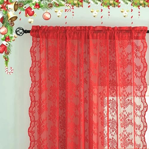 Vintage Lace Curtains 72 Inch Length 2 Panels for Bedroom (Red / 52"W x 72"L (Pack of 2))