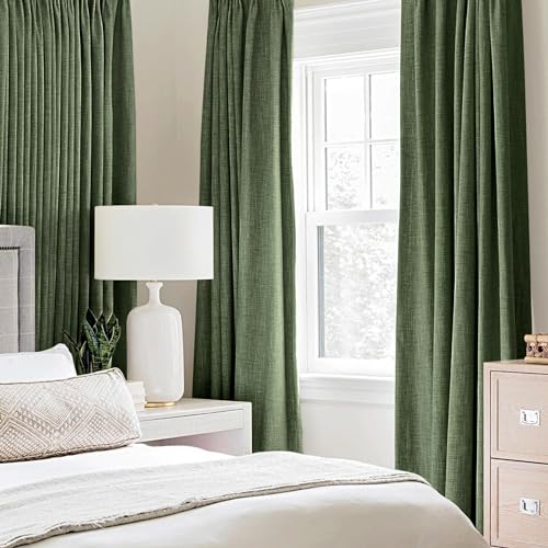 100% Blackout Linen Curtains for Bedroom 52x108 Inches Olive Green (Olive Green / 52"W x 108"L (Pack of 2))
