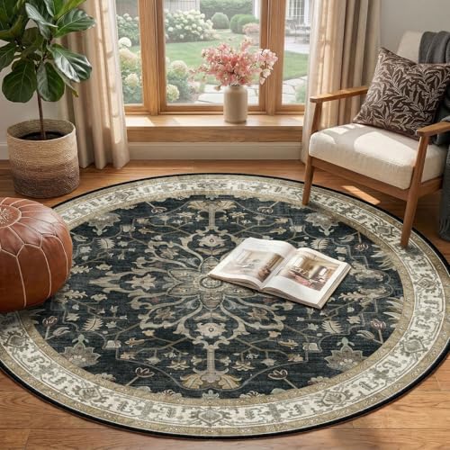 Washable Area Rug (Black/Vintage/Beige / 4' (Round))