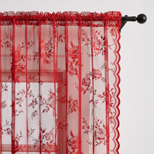 Red Lace Curtains 45 Inch Length 2 Panels Set Romantic Country Flower Curtains for Kitchen Cafe Rod Pocket Light Filtering Semi Sheer Small Window Curtains for Valentine's Christmas Day Decor (52"W x 45"L (Pack of 2) / Red)