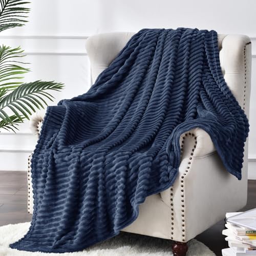 3D Ribbed Navy Blue Fleece Throw Blanket for Couch (Navy / Throw(50"x60"))