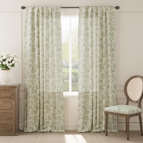 Green Floral Linen Curtains 96 Inch Vintage Back Tab 2 Panels (*Jacobean Sage Green on Beige / 50"W x 96"L (Pack of 2))