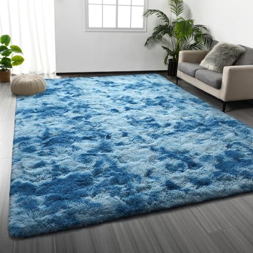 Shag Area Rug (Tie-dyed Bright Blue / 4' x 6' (Rectangular))