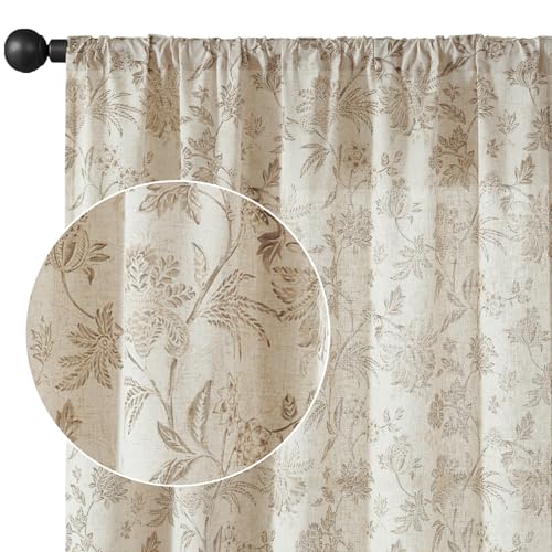 Taupe Floral Linen Curtains 63 Inch Vintage Back Tab 2 Panels (*Jacobean Taupe / 50"W x 63"L (Pack of 2))