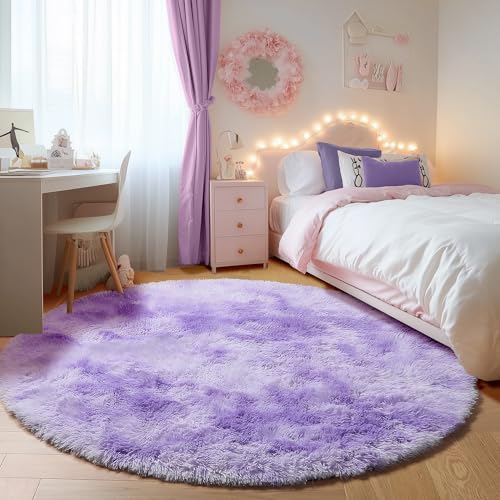 Tie Dye Purple Fluffy Round Rug Circle Area Rugs 4ft for Girl Kids Bedroom (Colorful Purple / 4' (Round))