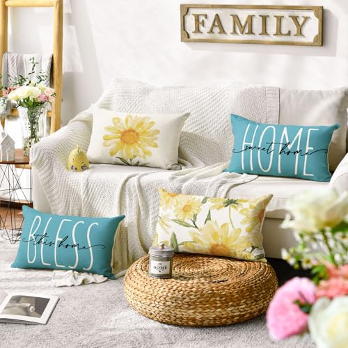 Home Sweet Home Spring Summer Flowers Yellow Throw Pillow Covers (Blue / 20" x 12" (Pack of 4))