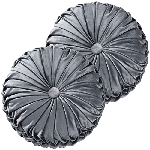 Set of 2 Dark Gray Velvet Decorative Round Pleated Throw Pillows (Dark Gray)