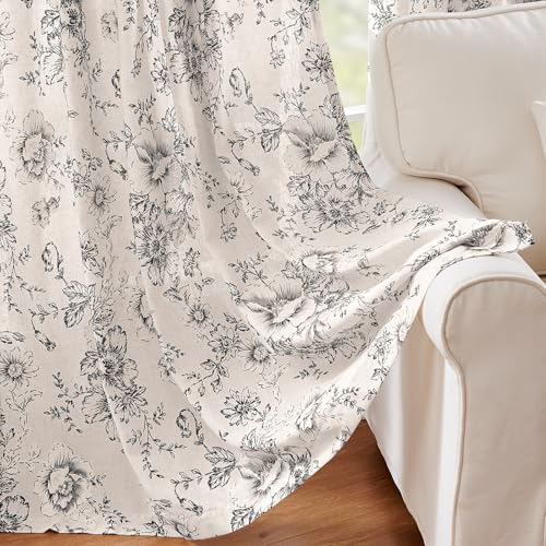 Vintage Floral Linen Curtains 54 Long for Living Room 2 Panels (Black on Beige / 50"W x 54"L (Pack of 2))