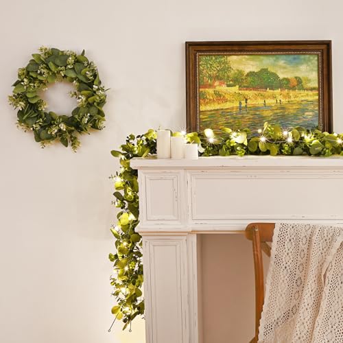 6 Packs 6FT Artificial Eucalyptus Garland Faux Greenery Garland (Grey Green With Light / 6 Packs)