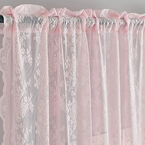 Vintage Lace Curtains Short Pink Floral Curtains 54 inch Length 2 Panels for Kitchen Living Room Bedroom Bathroom Window Voile Sheer Panels Baby Girl Nursery Decor 52" W x 54" L (Light Pink / 52"W x 54"L (Pack of 2))