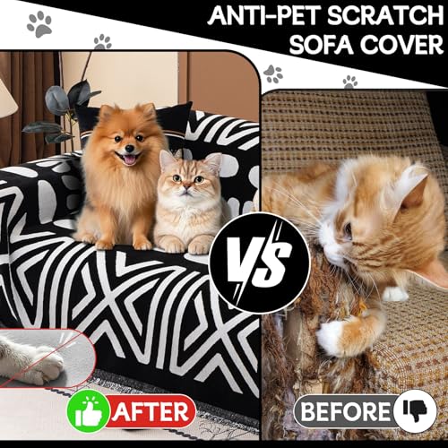 Boho Couch Cover Blanket Geometric Striped Pet Covers for Couches and Sofas Black and White Dog Cover for Couch Pet Friendly Chenille Sectional Sofa Covers for Pets Washable (71" x 134" / Stripe: Black and White)