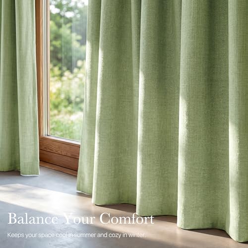 100% Absolutely Blackout Linen Curtains for Bedroom Living Room (52"W x 84"L (Pack of 2) / Olive Green)