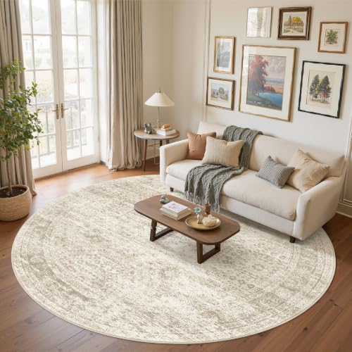 Round Rugs 9ft Living Room Circle Area Rug 9x9 Beige Vintage (Beige / 9' (Round))