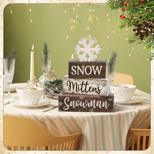4 Pcs Wooden Snowman Block Signs Farmhouse Table Decoration (Snowflake Snowman)
