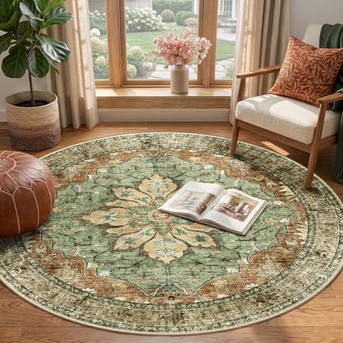 Washable Area Rug (Brick/Brown/Green / 4' (Round))
