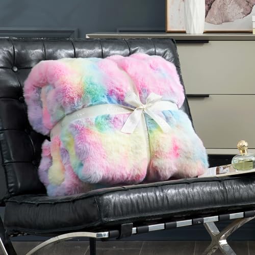 Faux Fur Throw Blanket for Couch (Tie-dye Rainbow / Throw(50" x 60"))