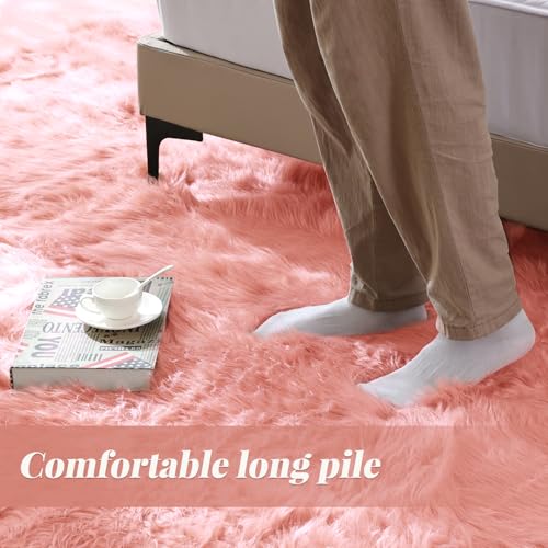 Pink Shag Washable 5x7 Area Rugs for Living Room Big Fluffy Sheepskin Fur Rug for Bedroom Shaggy Nursery Rug (5' x 7' (Rectangular) / Pink)