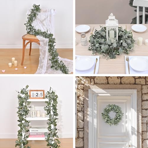 2 Packs 6FT Artificial Eucalyptus Garland Greenery Flowers Garland (Grey Green, White / 2 Packs)