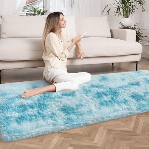 Tie Dyed Sky Blue 2x6 Machine Washable Runner Rugs for Hallway Soft Fluffy Shaggy Bedside Rugs for Bedroom Living Room Indoor Floor Carpet for Kids Girls and Boys Nursery Rooms Home Decor Aesthetic (Tie-dyed Sky Blue / 2' x 6' (Runner))
