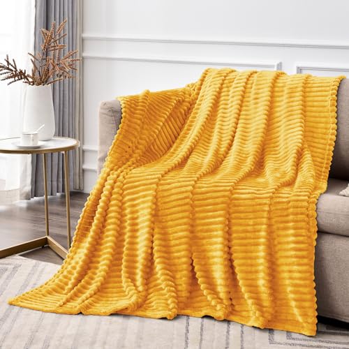 Ribbed Mustard Yellow Fleece Throw Blanket for Couch (Mustard Yellow / Throw XL(50"x70"))