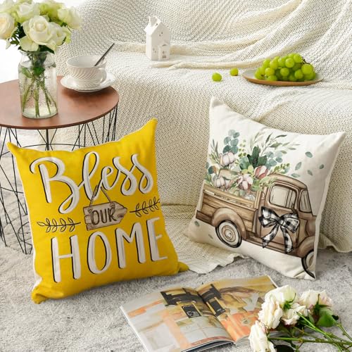 Bless Our Home Farmhouse Eucalyptus Leaves Throw Pillow Covers (Yellow / 20" x 20" (Pack of 4))