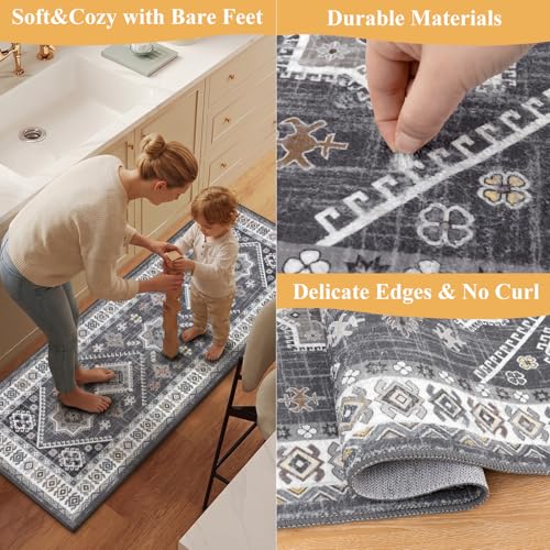 HEBE Boho Kitchen Rugs Set of 3 (Natural/Grey / 20"x32"+20"x48"+20"x59")