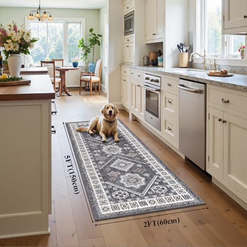 HEBE Boho Kitchen Mats for Floor 24''x60'' (Natural/Grey / 24"x60")