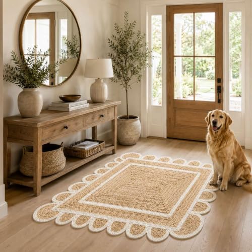 Scalloped Natural Jute Area Rug 4x6 Ft (Off White / 4' x 6' (Rectangular))