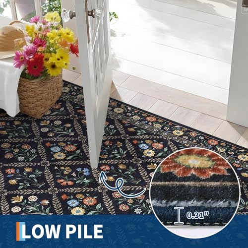 Washable Kitchen Rugs Non Slip 2x6 Hallway Runner Stain Resistant Low Pile Rug (Navy/Black / 2' x 6' (Rectangular))