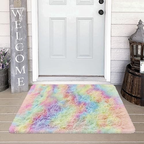 Small Fluffy Rainbow Colorful Area Rug for Girls Bedroom 2x3 Mini Kawaii Tie Dye Rug Fuzzy Unicorn Throw Rug for Living Room Kids Nursery Baby Princess Room Home Decor Aesthetic Carpets (Tie-dyed Rainbow / 2' x 3' (Rectangular))